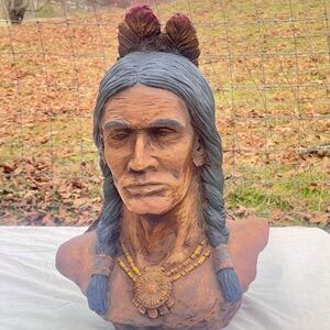 Artisan Crafted Native American Bust in Brown and Gray Rare Vintage Cherokee